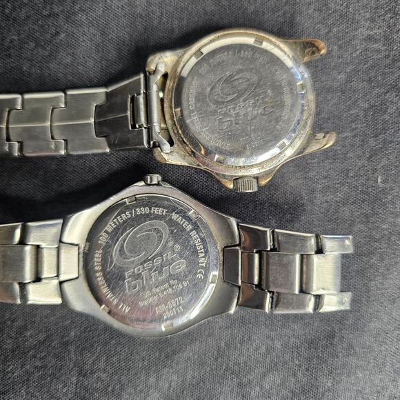 Lot of 2 FOSSIL Men's WristWATCHES 100 Meters Blue Date Stainless Steel As Is - Picture 5 of 8